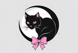 1.	Gothic Black Cat with Pink Bows – A sleek, black cat sitting on a crescent moon, with wide, eerie eyes and a small pink bow tied around tattoo idea