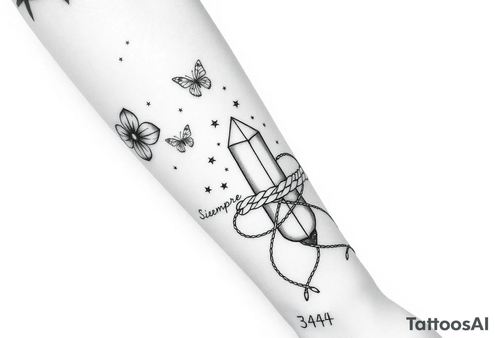 Placement: Forearm half sleeve, with forget-me-not wrapped around, with 3 small butterflies placed around it on the outer forearm. The word ‘siempre’ along the inside of the wrist around the radial pulse area. On the palm side of the wrist, there is 444 and a fine line moon and star. On the inner forearm, there are two crystals tied together with rope, with some stars dotted around it and two fine line leaf stems, and a moon above it. All tattoos in black ink. tattoo idea
