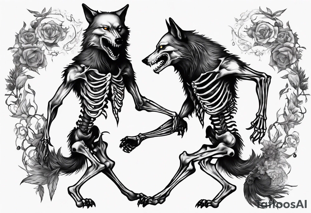 two wolf skeletons dancing tattoo idea