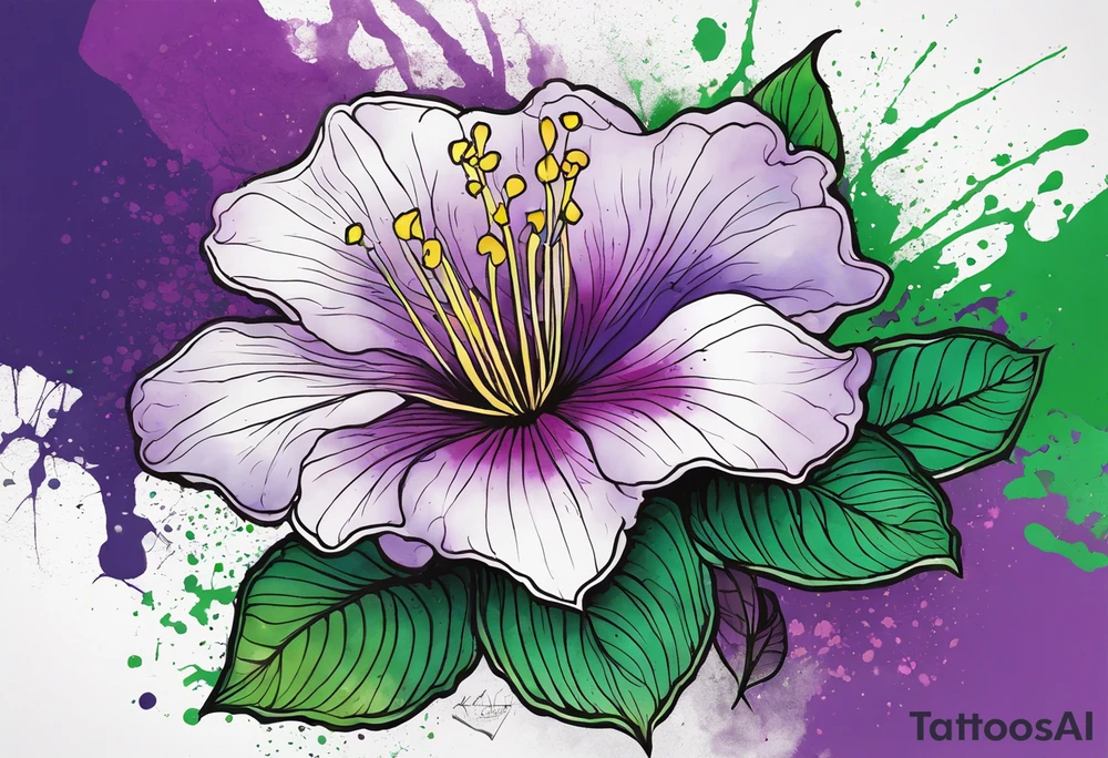 A mystical outline of a rio dipladenia flower and a green/purple watercolor splatter in the background tattoo idea