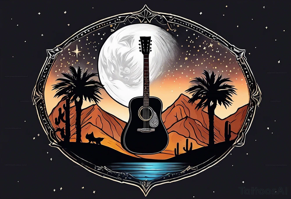 Acoustic Guitar by a campfire with a desert landscape and dirt bike silhouette and a half moon and stars tattoo idea