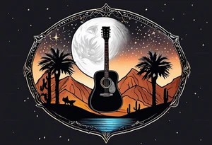 Acoustic Guitar by a campfire with a desert landscape and dirt bike silhouette and a half moon and stars tattoo idea