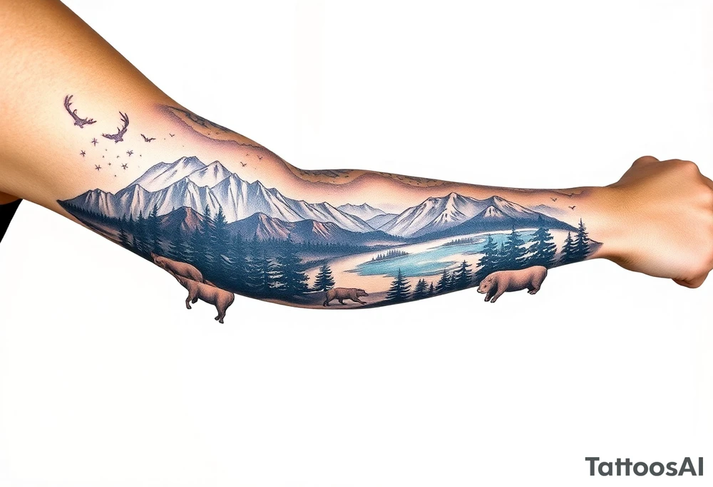 A full-sleeve with the Härjedalen landscape, reindeer, bear, lakes, mountains (Helags), tattoo idea