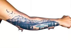 A full-sleeve with the Härjedalen landscape, reindeer, bear, lakes, mountains (Helags), tattoo idea