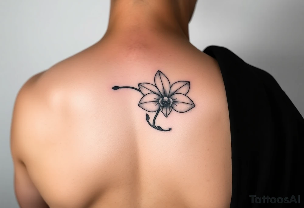 Thin line tattoo that uses the Venezuelan coastline as the stem of an orchid flower tattoo idea