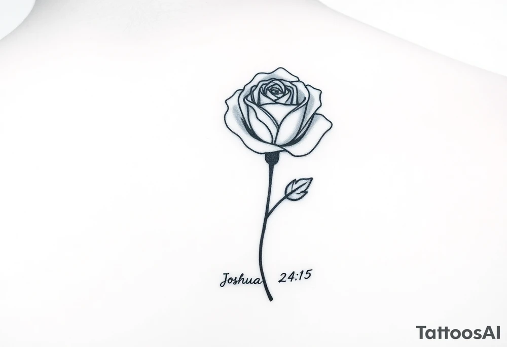 fine-line rose on my inner wrist, with the stem flowing down into the word Joshua 24:15 in tiny clean text underneath. photo of it tattoo idea