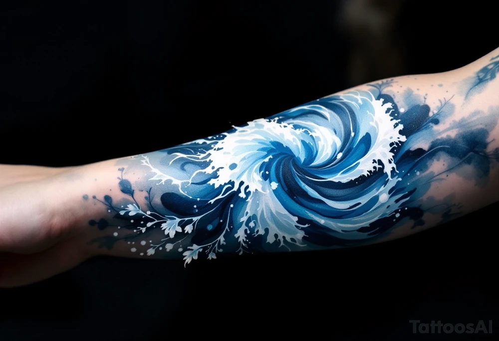 A soft blue watercolor wave wraps around the wrist, fading into foamy white tips. tattoo idea