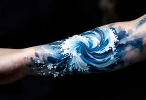 A soft blue watercolor wave wraps around the wrist, fading into foamy white tips. tattoo idea