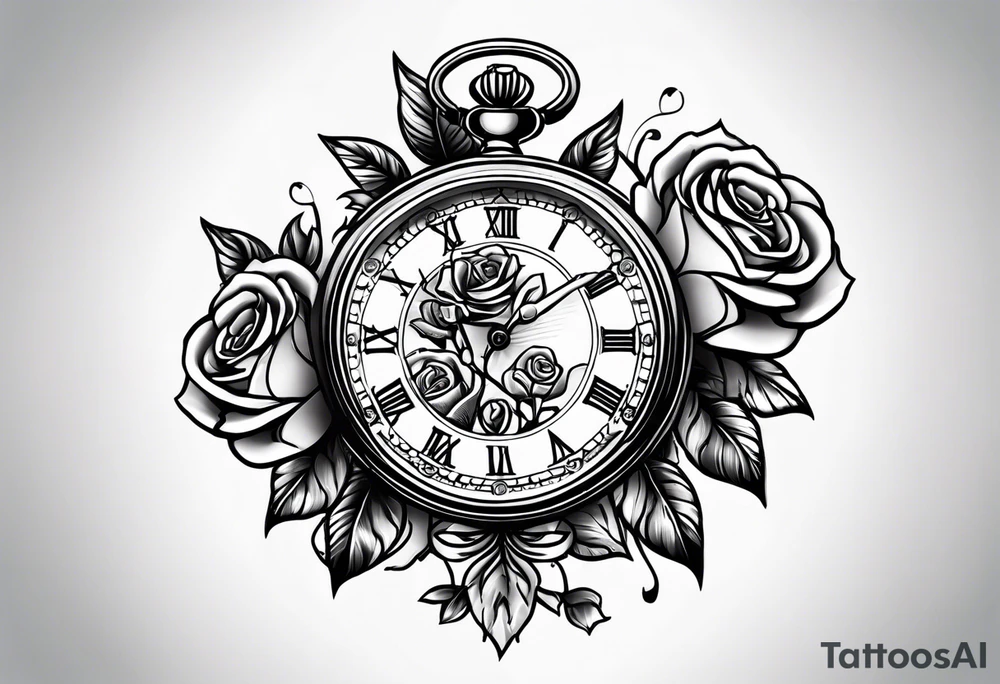Pocket watch with chain and roses tattoo idea