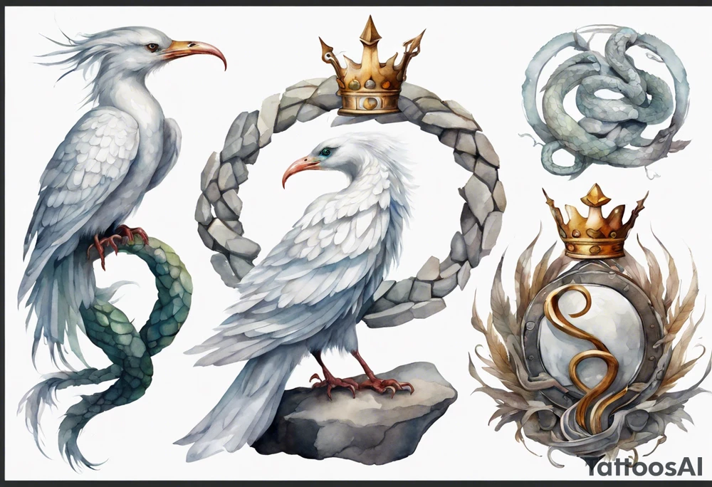 a watercolor of a white bird-serpent hybrid wearing an iron crown, perched upon a stone tattoo idea