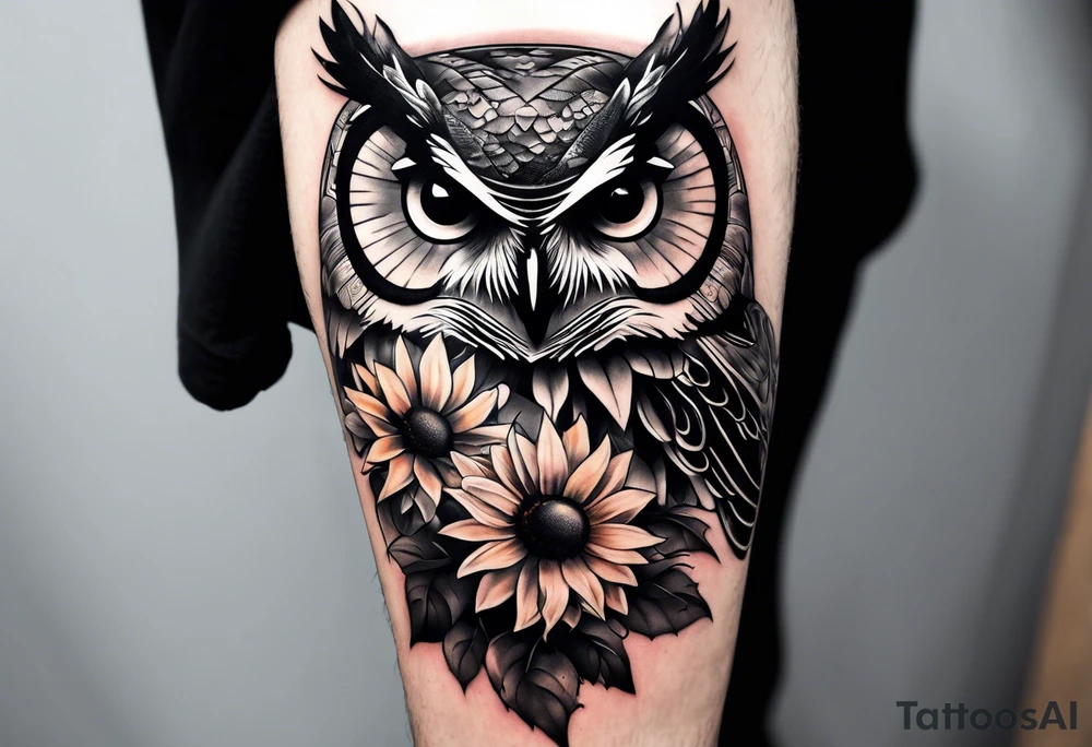 Sleeve with an owl, sunflower and butterfly tattoo idea
