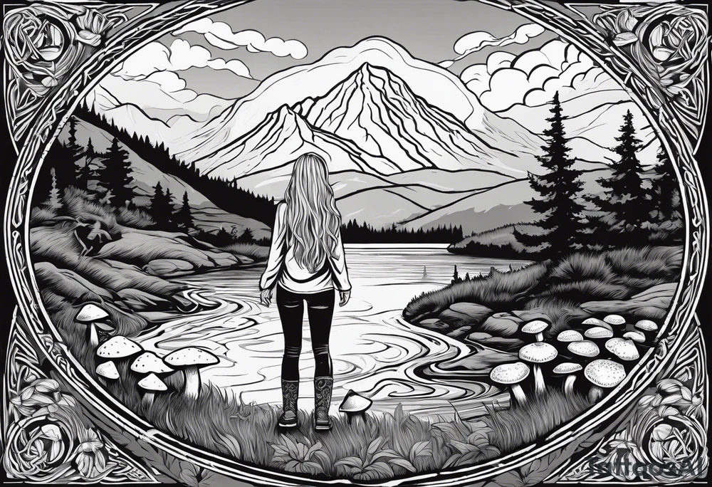 Whole picture encircled fully

Straight long blonde hair hippie girl in distance holding mushrooms in hand facing away toward mountains and creek surrounded by mushrooms long sleeve shirt and hiking pants; whole rendering within a full celtic circle border, no cut off circle tattoo idea