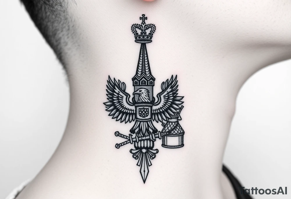 St. George 
3 russian imperial crowns above the Russian coat of arms double eagle
Russian sabre
The Kremlin or St. Basil's Cathedral scene 
on the side of my neck tattoo idea