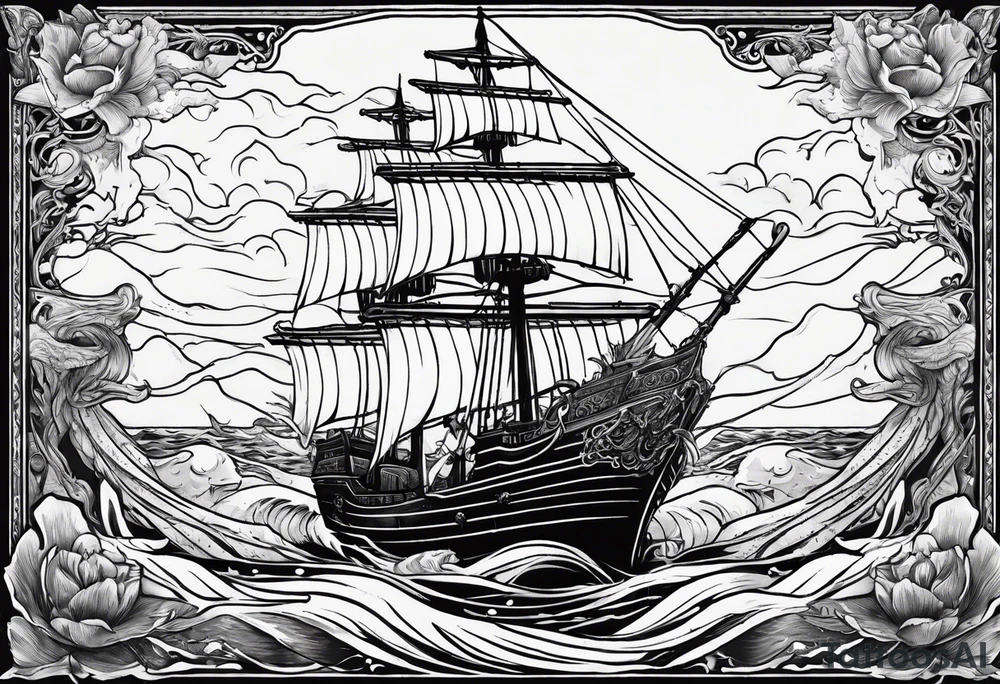 ship sinking with a mermaid on the right holding a rope the mermaid on the left holding a dagger tattoo idea