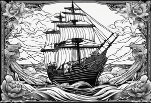 ship sinking with a mermaid on the right holding a rope the mermaid on the left holding a dagger tattoo idea