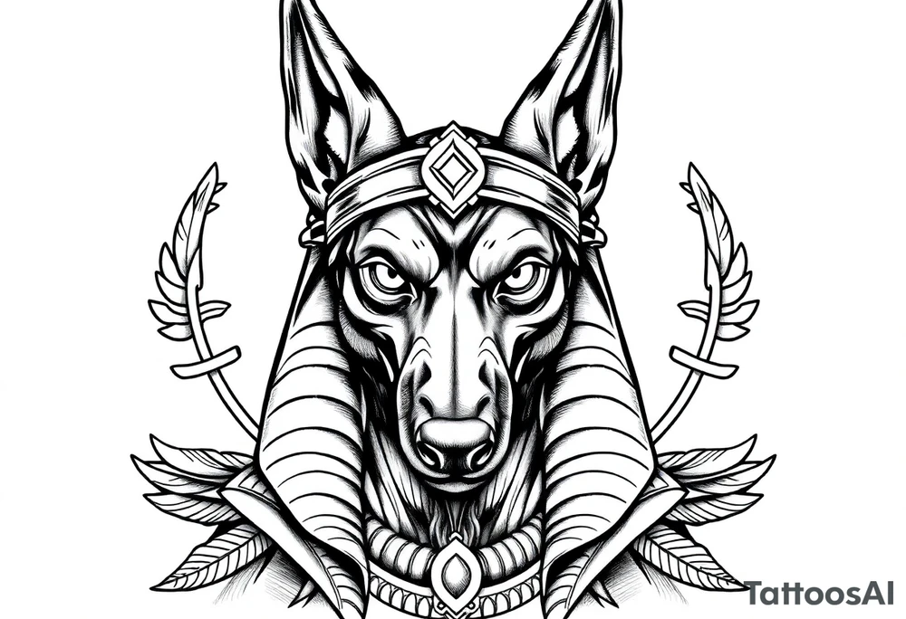 Egyptian Anubis god face muscle in Egypt style  with mantle on head with empty eyes 

dog face surrounded Egyptian symbols based on elements tattoo idea