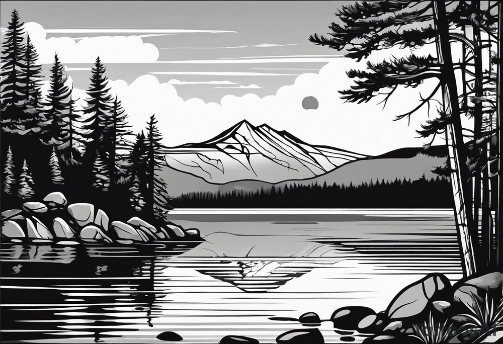 shoulder/upper arm design. pebble beach on a lakefront with a lake surrounded by tall trees and a mountain backdrop. Has reflections across the lakewater tattoo idea