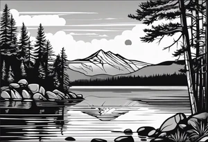 shoulder/upper arm design. pebble beach on a lakefront with a lake surrounded by tall trees and a mountain backdrop. Has reflections across the lakewater tattoo idea
