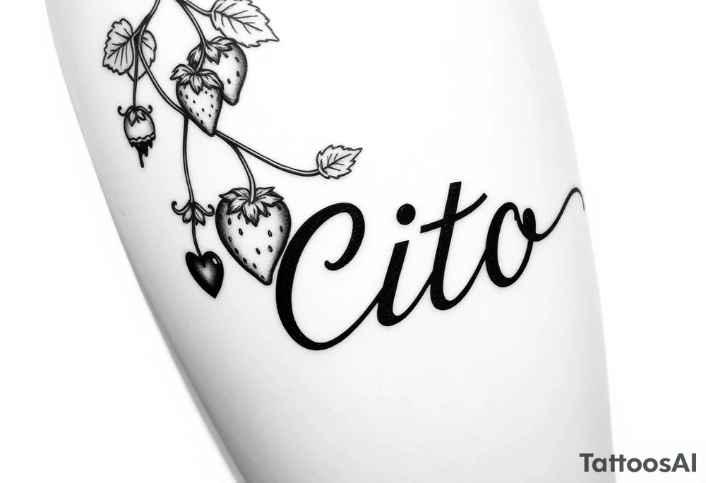 This will be placed going down my thigh.. Make a vine with detail that has strawberries hanging from it some of them should look like they’re dripping chocolate and the last strawberry should look like it has a bite taken out of it the ending of the vine should spell out the name Cito but make it look like a vine with detail it should resemble cursive but keep it looking like it’s written in vine the name should be rotated right going down tattoo idea