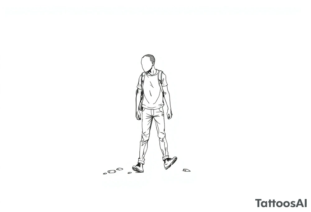 Everything everywhere all at once :Confusion and pressure in thin lines solo traveler with no face with his body parts left on the path behind him he’s walking carefully with much regret and broken parts tattoo idea