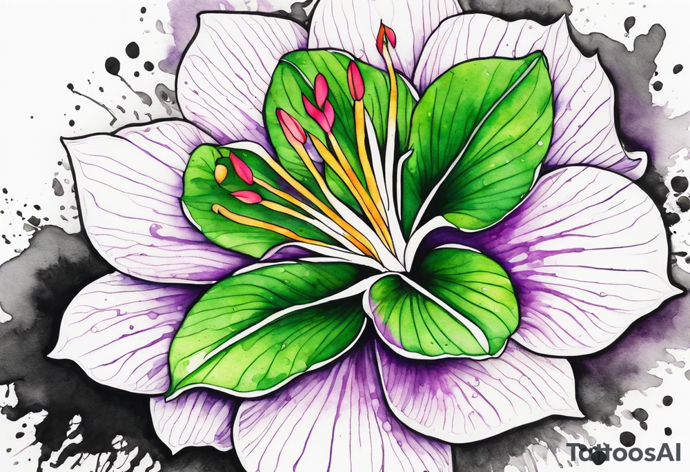 An outline of a rio dipladenia flower with a green/purple watercolor splash in the background tattoo idea