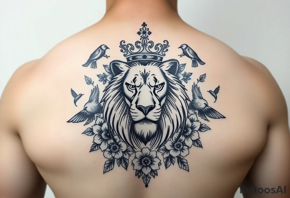powerful majestic lion with a crown, surrounded by floral ornaments and birds tattoo idea