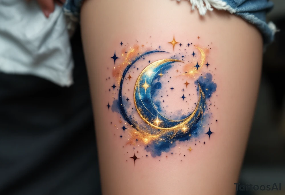 A sleek Virgo zodiac symbol (♍) embedded within a celestial design. Surrounding it are glowing stars, a crescent moon, and swirling cosmic dust in deep midnight blue and shimmering gold, representing Virgo’s connection to intelligence and mysticism. tattoo idea