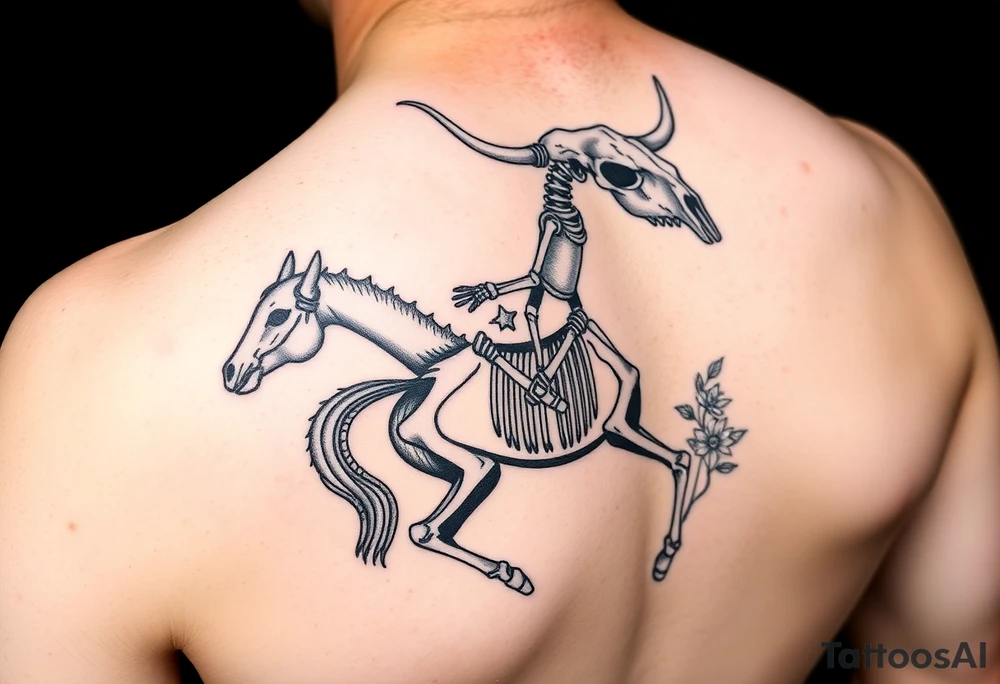 cowboy skeleton riding a horse skeleton on bicep, sized to fill most of the outer bicep. mountain/longhorn skull over the shoulder cap. Fill with (stars, dots, and flowers) tattoo idea