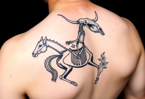 cowboy skeleton riding a horse skeleton on bicep, sized to fill most of the outer bicep. mountain/longhorn skull over the shoulder cap. Fill with (stars, dots, and flowers) tattoo idea
