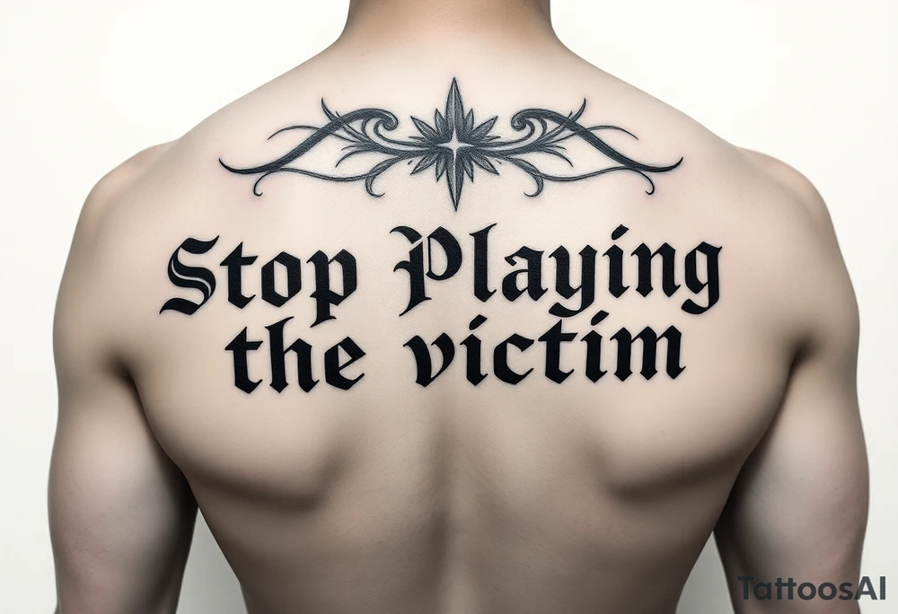Writer the phrase :"Stop Playing the victim".
Karma style in background.
The words in greek style with some background feature too. tattoo idea