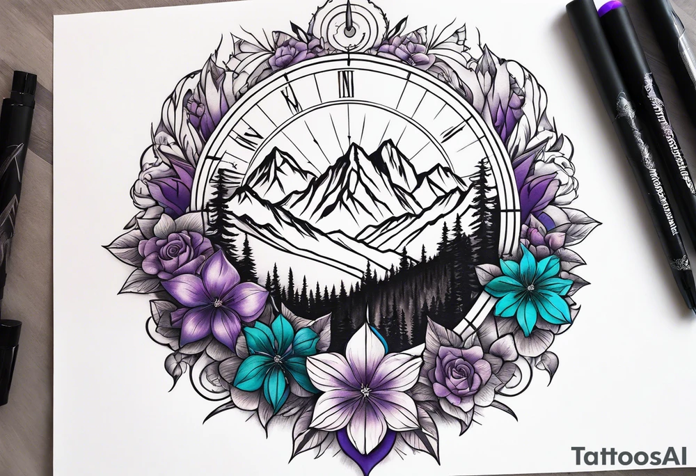 Half Sleeve tattoo: 
mountain in front of a compass rose 
with purple and teal sky, and purple and teal flowers in the foreground. Phoenix in the center tattoo idea