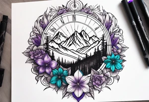 Half Sleeve tattoo: 
mountain in front of a compass rose 
with purple and teal sky, and purple and teal flowers in the foreground. Phoenix in the center tattoo idea