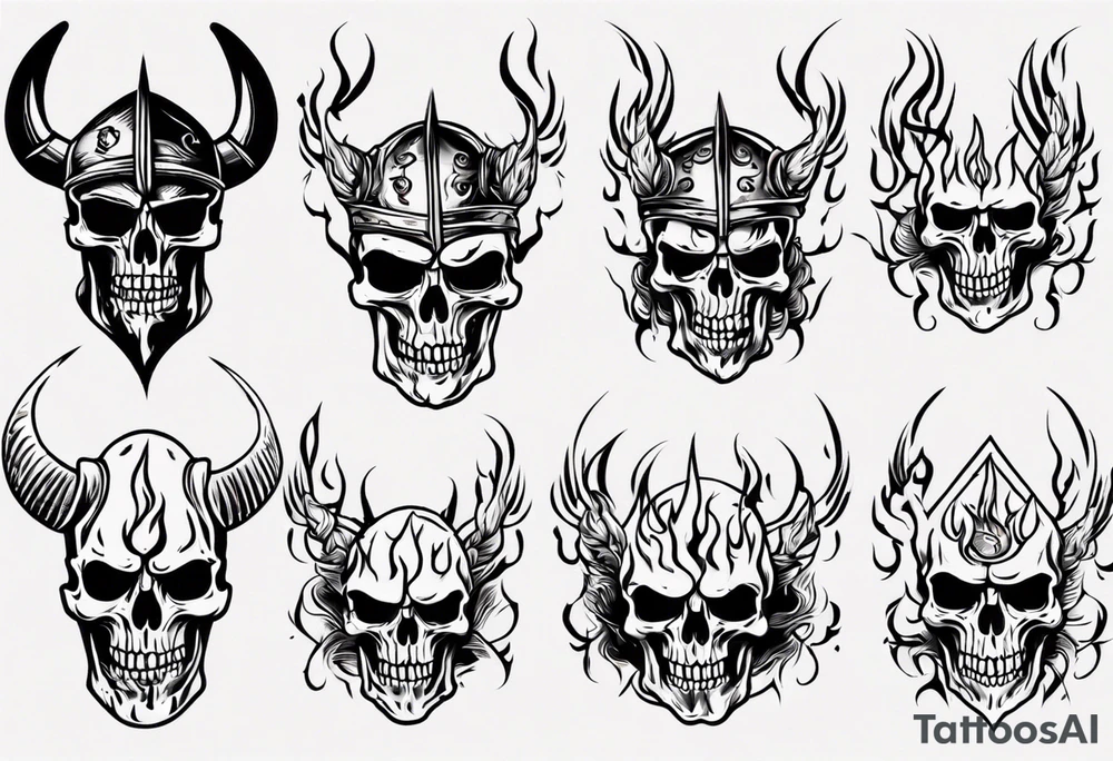 Skeleton Viking head flames tattoo idea