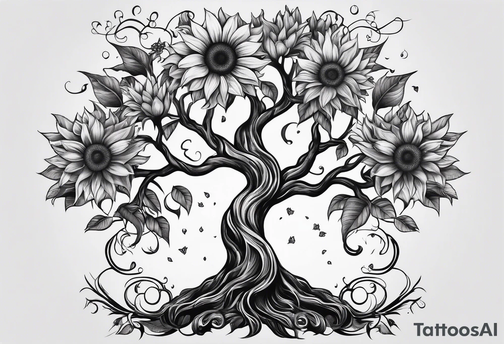 Feminine Yggdrasil tree with two sunflowers tattoo idea