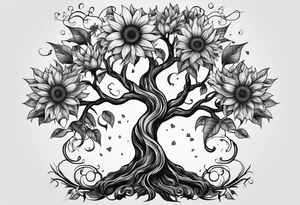 Feminine Yggdrasil tree with two sunflowers tattoo idea
