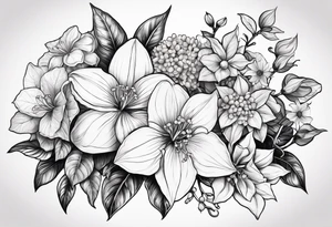 Hydrangea, Narcissus, Poinsettia, Holly, Gladiolus, Poppy, Daisy, Sweet Pea floral tattoo idea