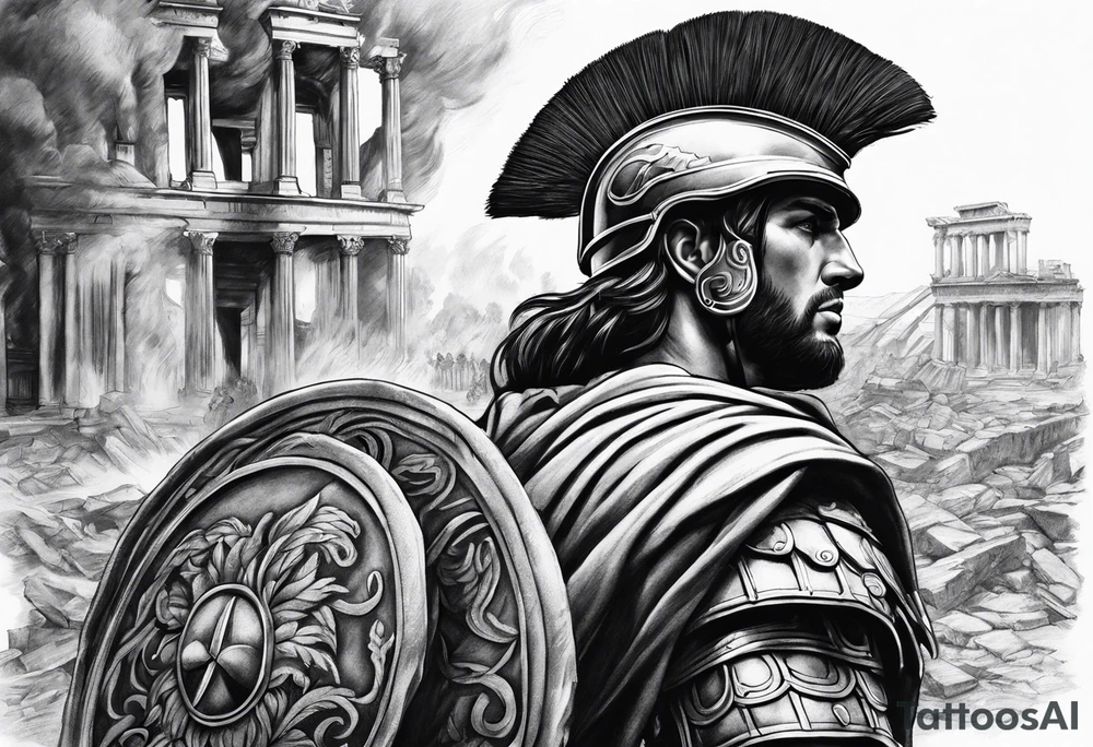 Roman soldier looking right at burning ruins tattoo idea