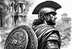 Roman soldier looking right at burning ruins tattoo idea
