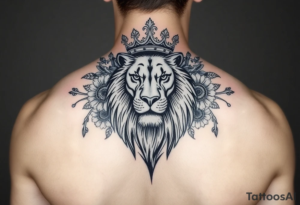 powerful majestic lion with a crown, surrounded by floral ornaments and birds tattoo idea