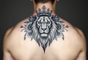 powerful majestic lion with a crown, surrounded by floral ornaments and birds tattoo idea