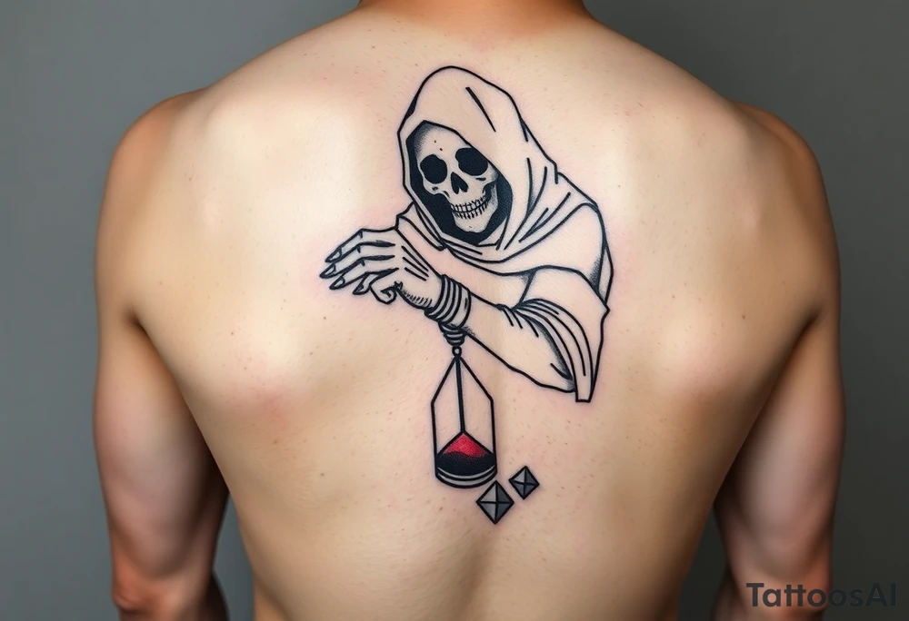 Simple grim reaper looking at a watch on his wrist with a hourglass with red sand and diamond geometric shapes for the thigh tattoo idea