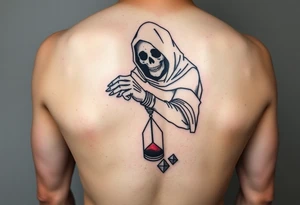 Simple grim reaper looking at a watch on his wrist with a hourglass with red sand and diamond geometric shapes for the thigh tattoo idea