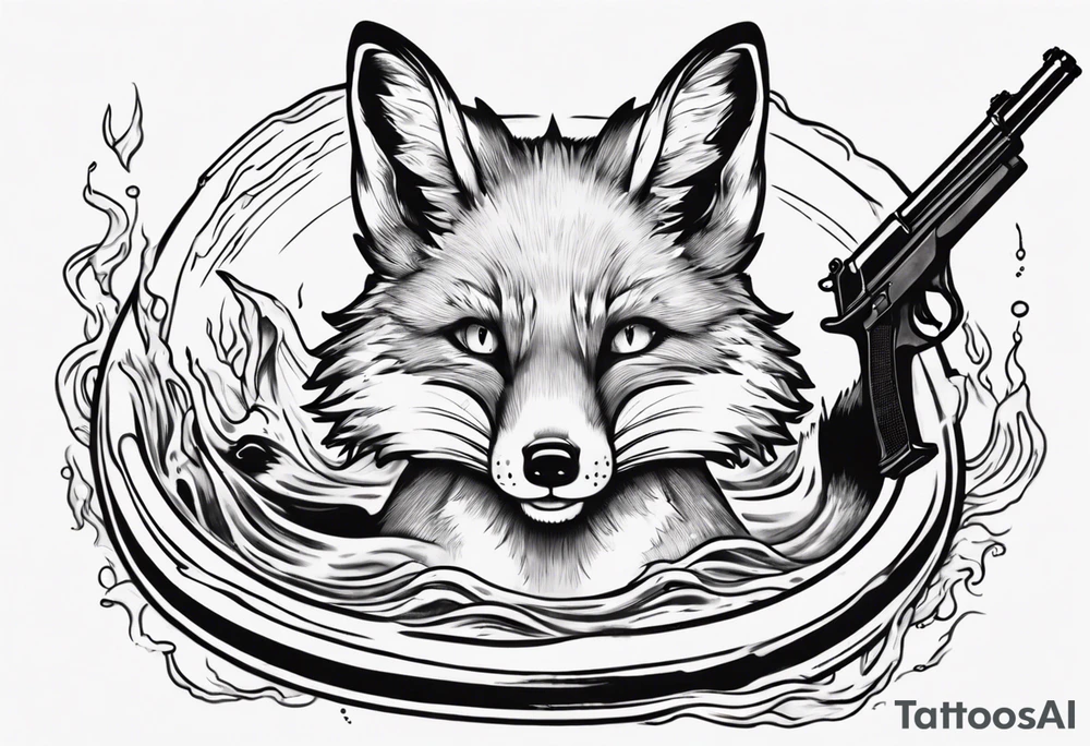 a tatto drawing black and white of a fox floating inside innertube in a pool holding a gun tattoo idea