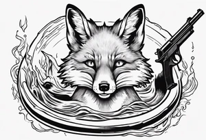 a tatto drawing black and white of a fox floating inside innertube in a pool holding a gun tattoo idea