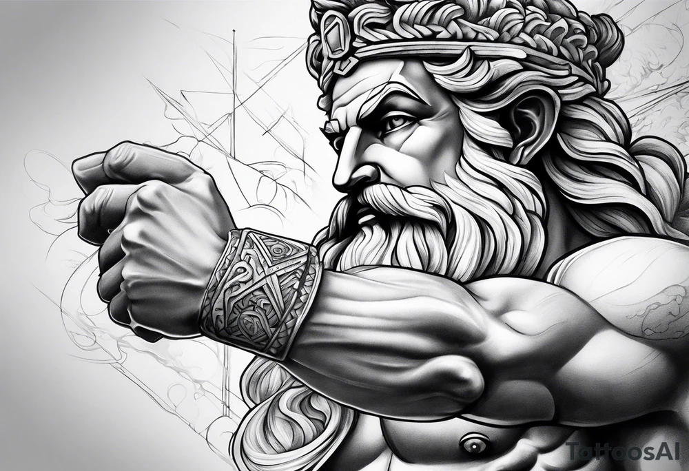Full right arm tattoo sleeve with the Greek god Zeus tattoo idea