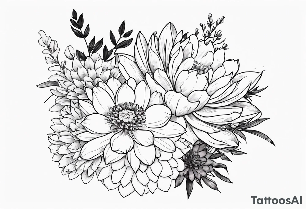 Bouquet with larkspur, water lily, carnation, chrysanthemum tattoo idea
