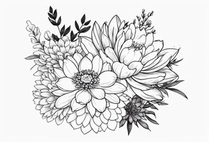 Bouquet with larkspur, water lily, carnation, chrysanthemum tattoo idea
