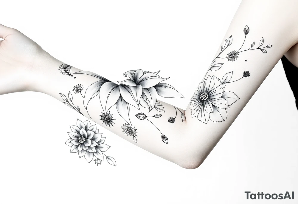 floral composition for sleeve of lycoris flowers with japanese vibe, mutiple ornemental patern and leaf, dot geometric ornement, tattoo idea