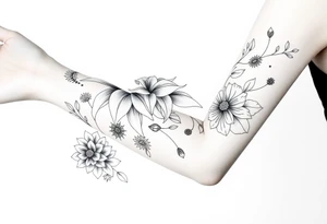 floral composition for sleeve of lycoris flowers with japanese vibe, mutiple ornemental patern and leaf, dot geometric ornement, tattoo idea