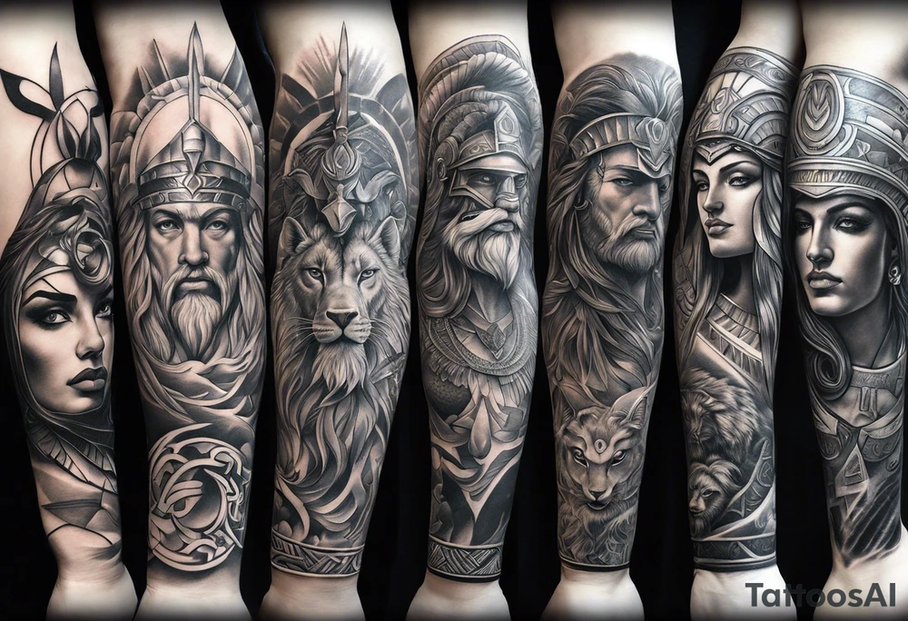 Arm sleeve. Mixed gods including.
Greek gods & Egyptian gods & norse gods tattoo idea